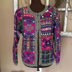 Vintage chunky knit cardigan sweater womens size colorblock 90’s y2k petite medi